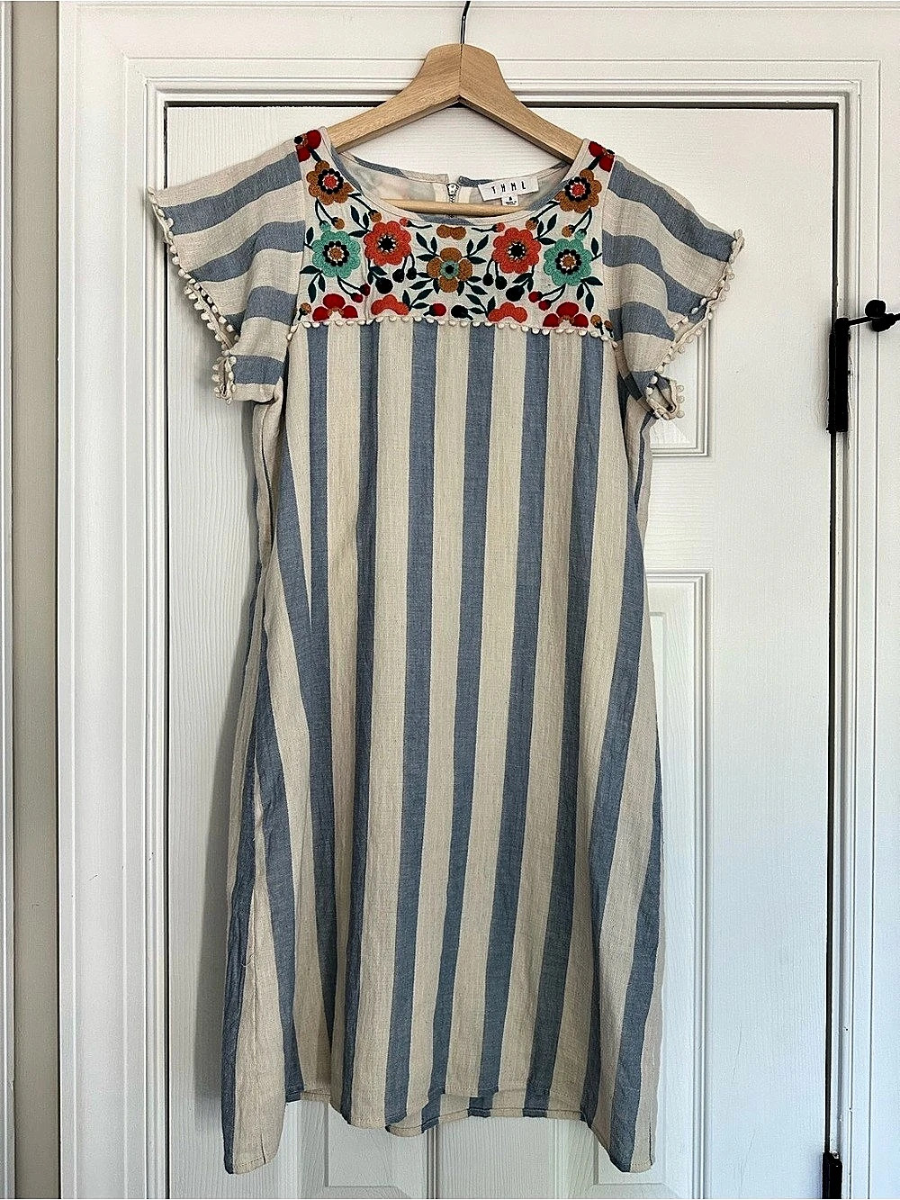 THML Striped Embroidered Mini Dress in Blue & White